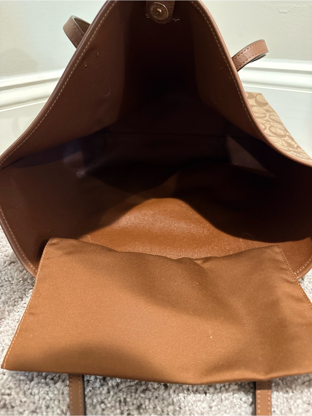 Coach Brown Signature Canvas Tote with Leather Trim - Picture 4 of 6